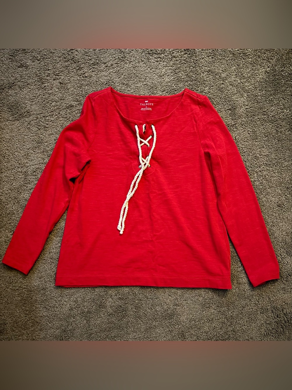 Talbots Red Lace-Up Long-Sleeve Cotton Knit Top Womens Size Medium